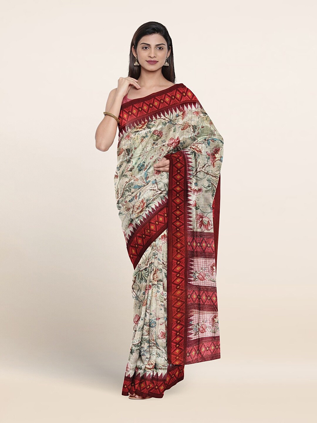 

Pothys Floral Printed Jute Silk Saree, Beige