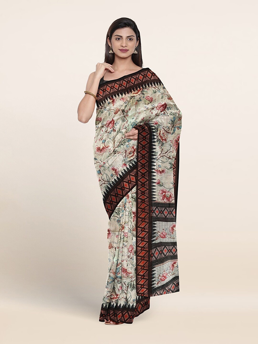 

Pothys Floral Printed Jute Silk Saree, Cream