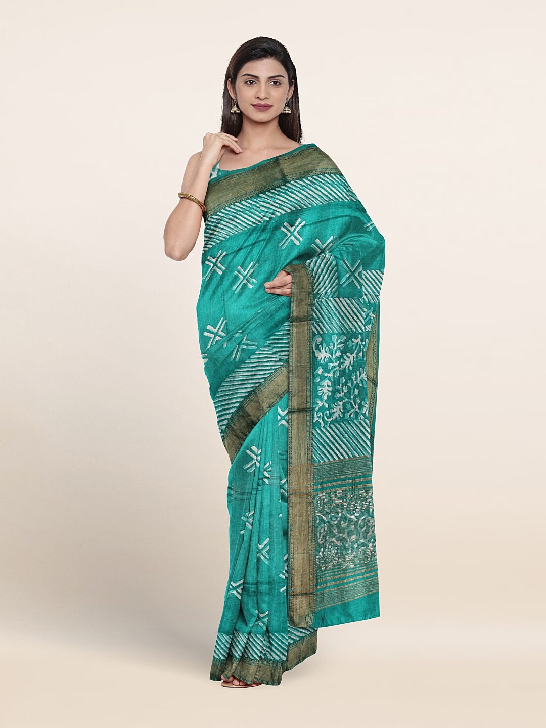

Pothys Geometric printed Zari Pure Cotton Saree, Green
