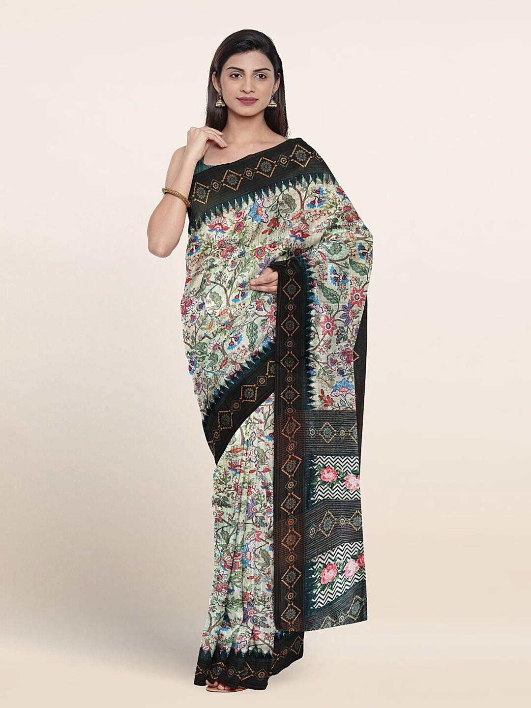 

Pothys Floral Printed Jute Silk Saree, Cream