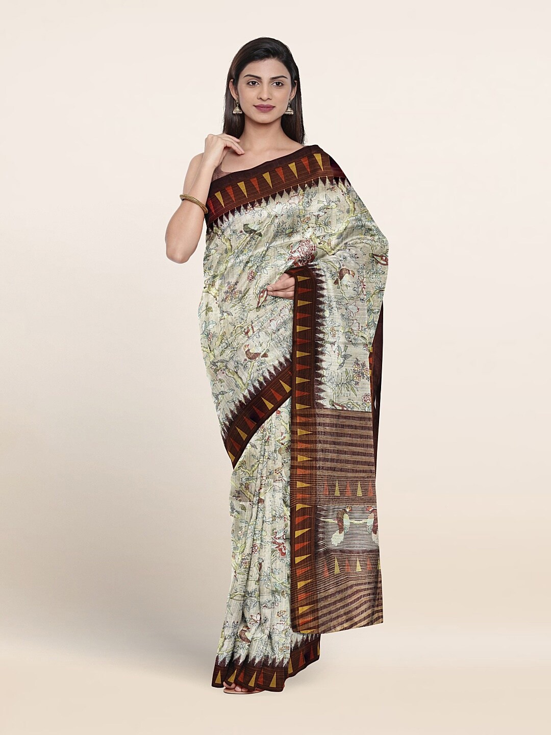 

Pothys Floral Printed Jute Silk Saree, Cream