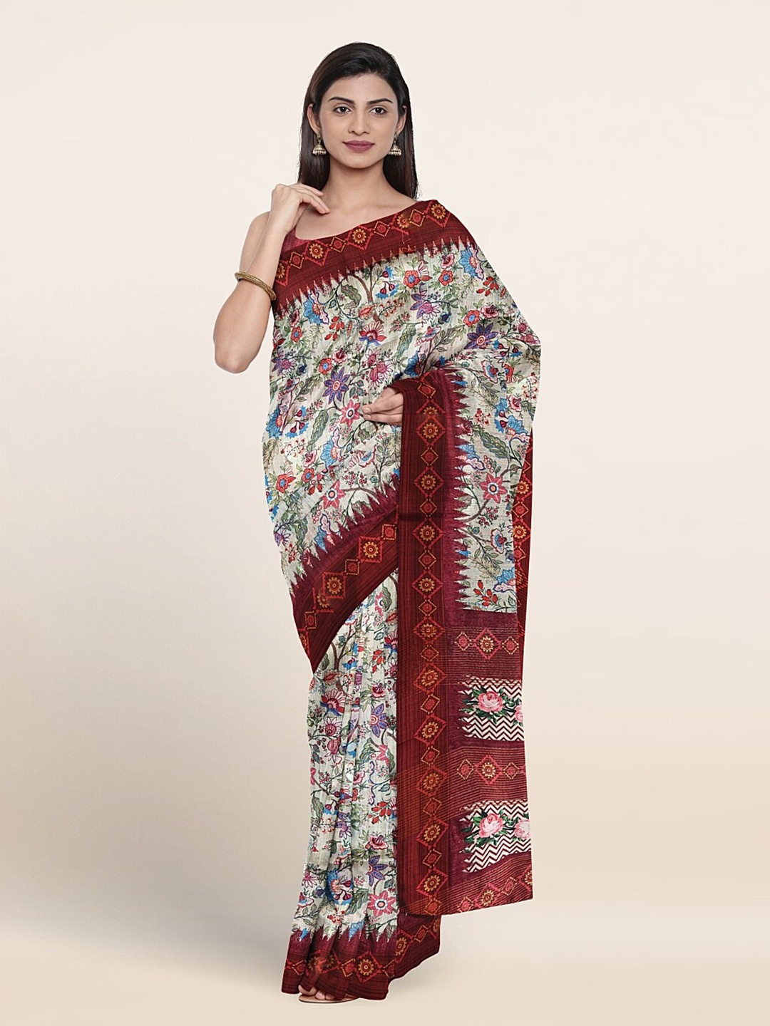 

Pothys Floral Printed Jute Silk Saree, Cream