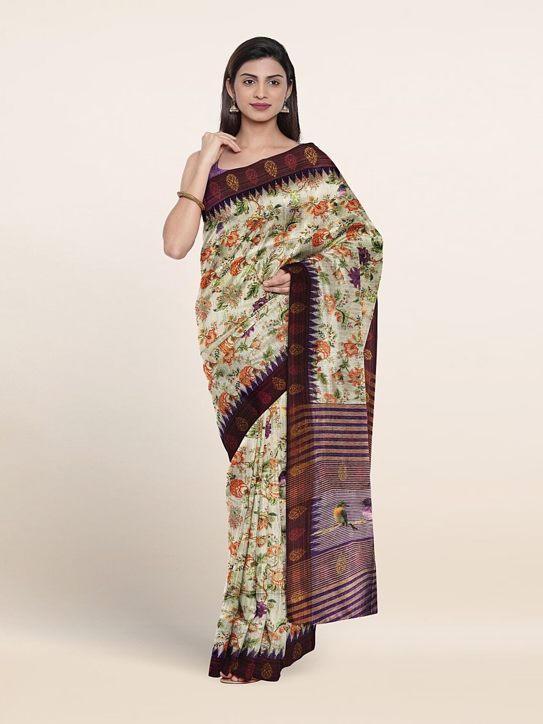 

Pothys Floral Printed Jute Silk Saree, Cream