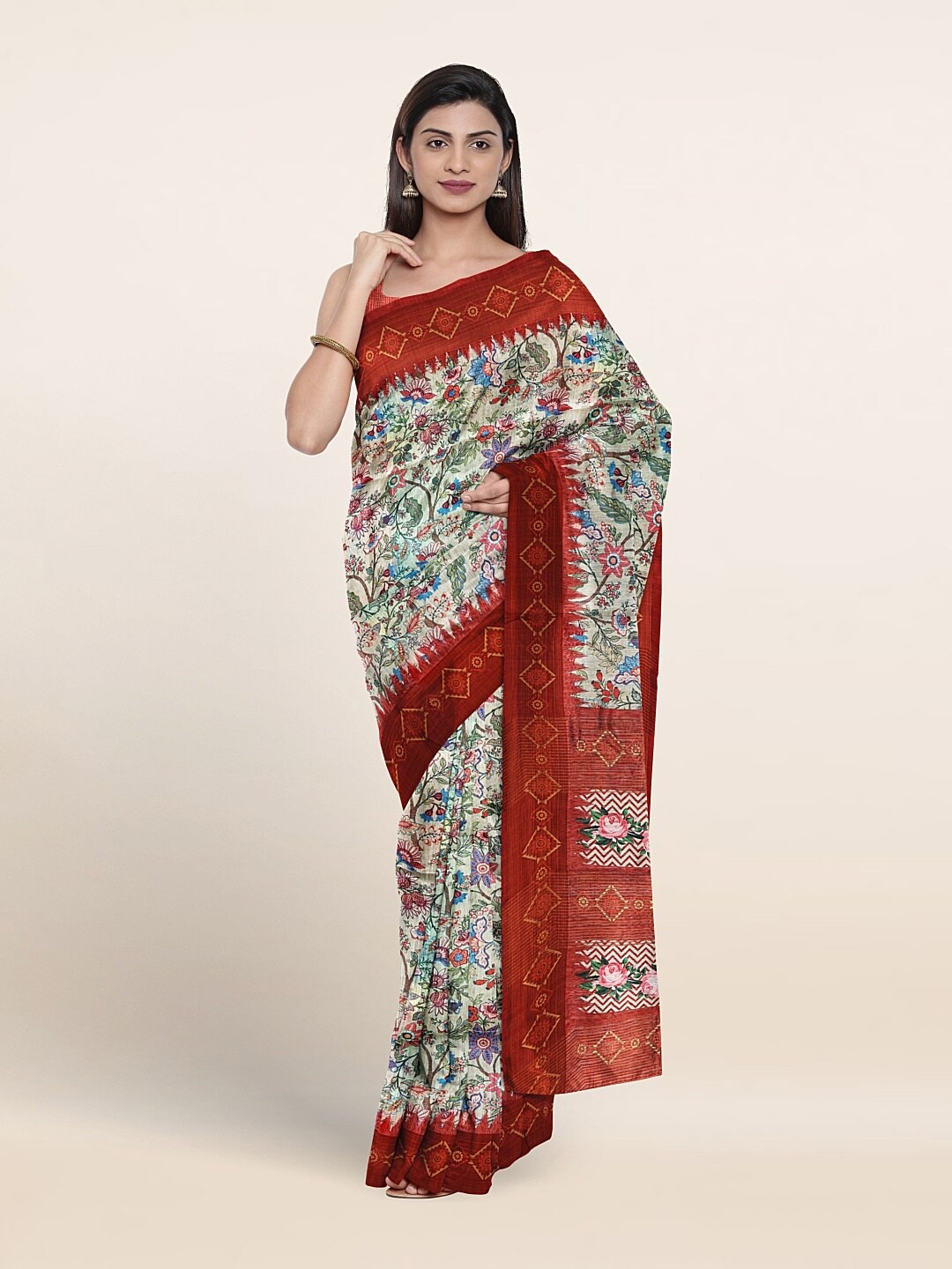 

Pothys Floral Printed Jute Silk Saree, Off white