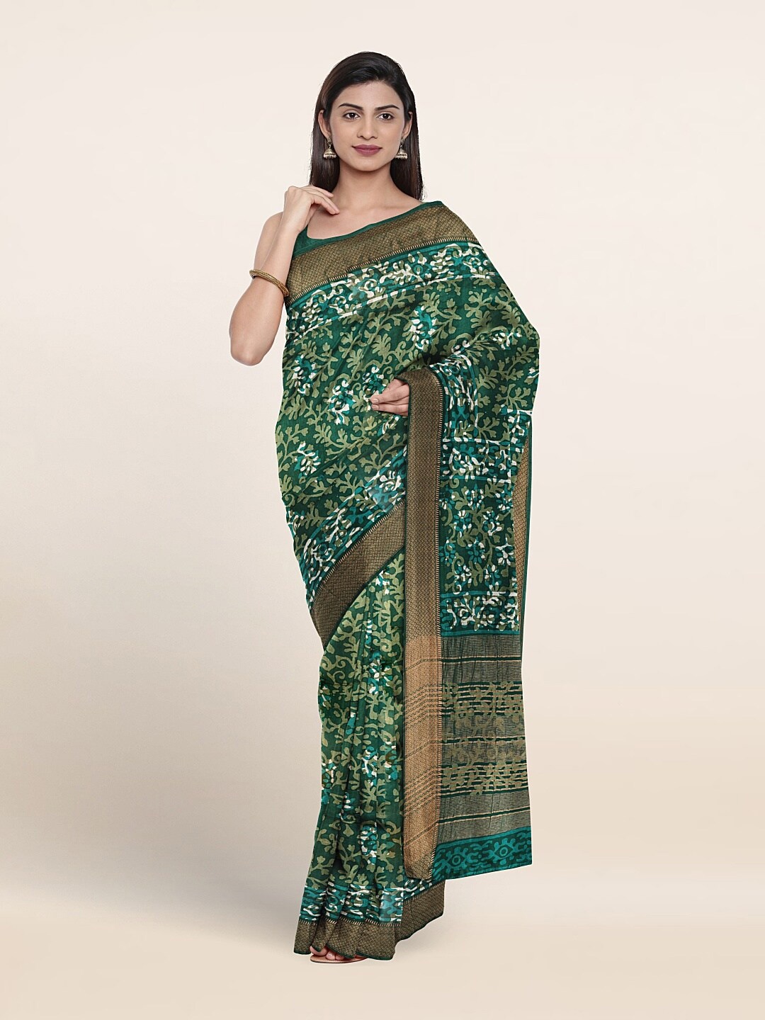 

Pothys Ethnic Motifs Printed Woven Design Zari Pure Cotton Saree, Green