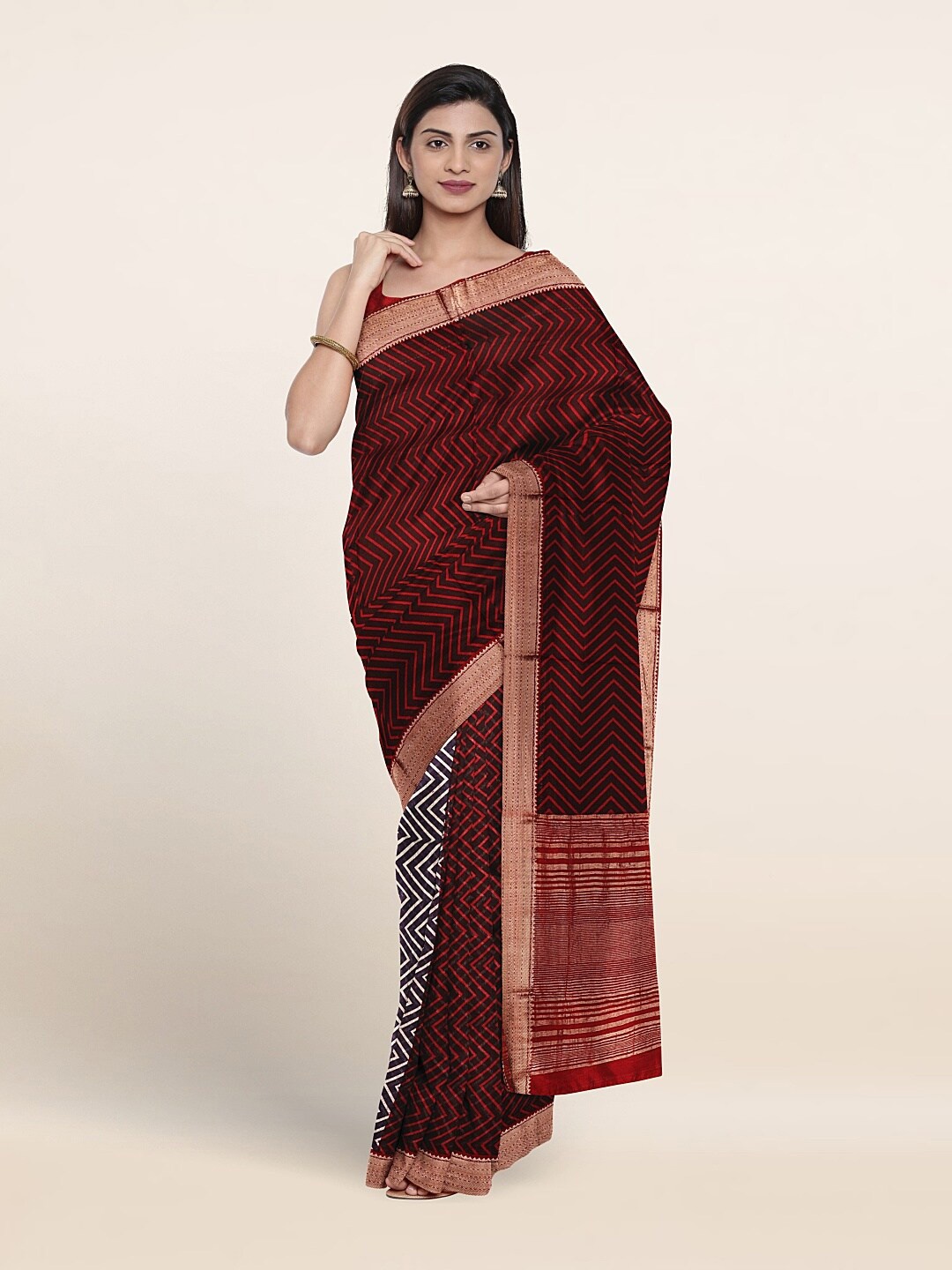 

Pothys Chevron printed Zari Pure Cotton Half & Half Saree, Maroon