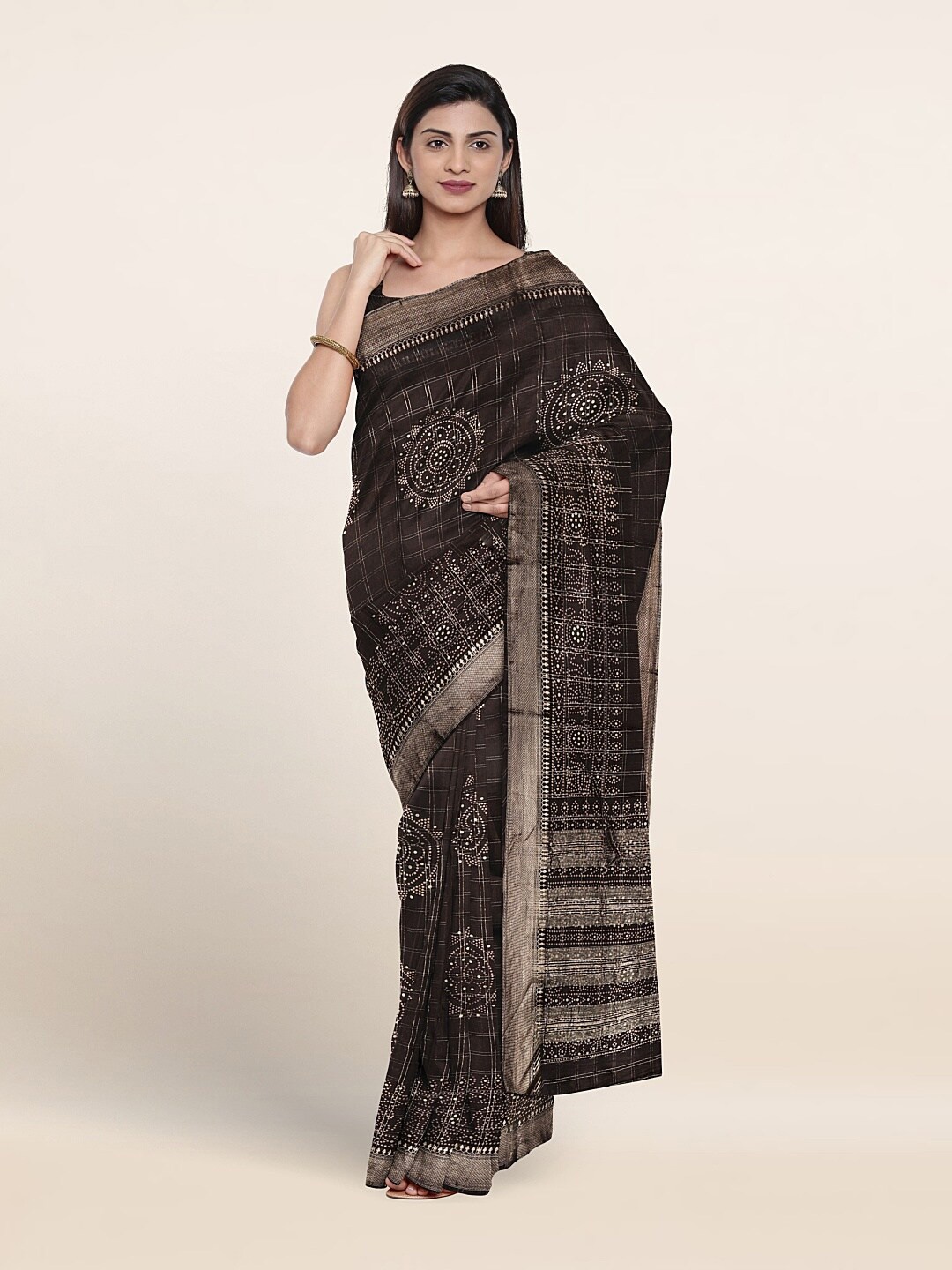 

Pothys Ethnic Motifs Printed Woven Design Zari Pure Cotton Saree, Brown