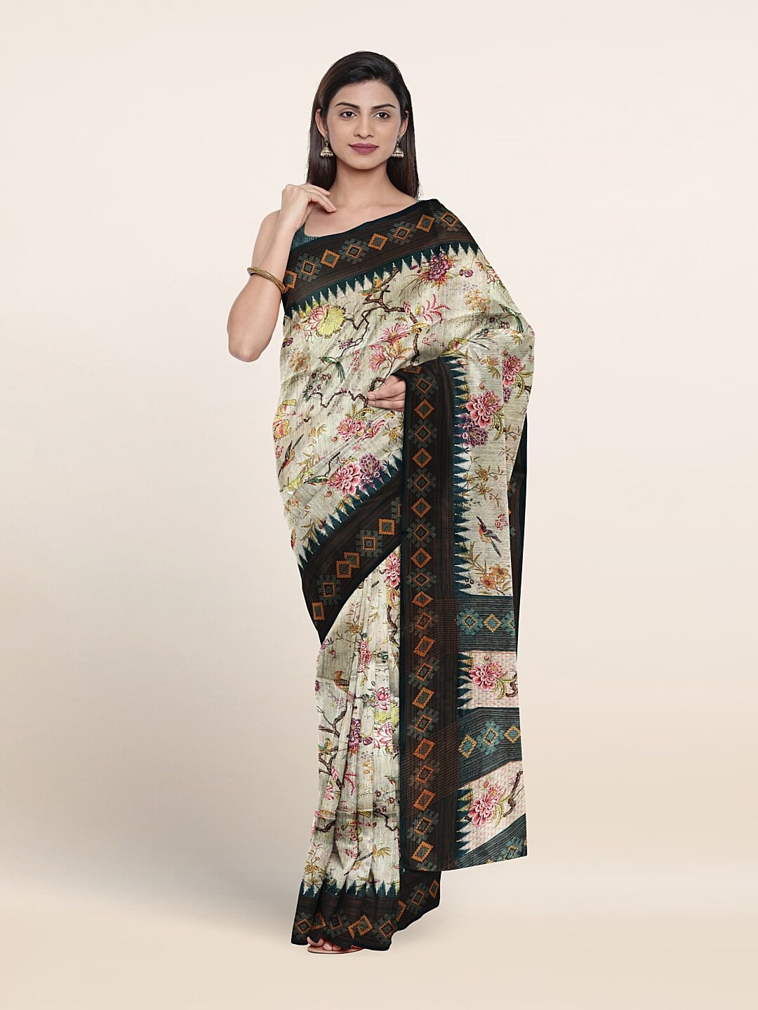 

Pothys Floral Printed Jute Silk Saree, Cream