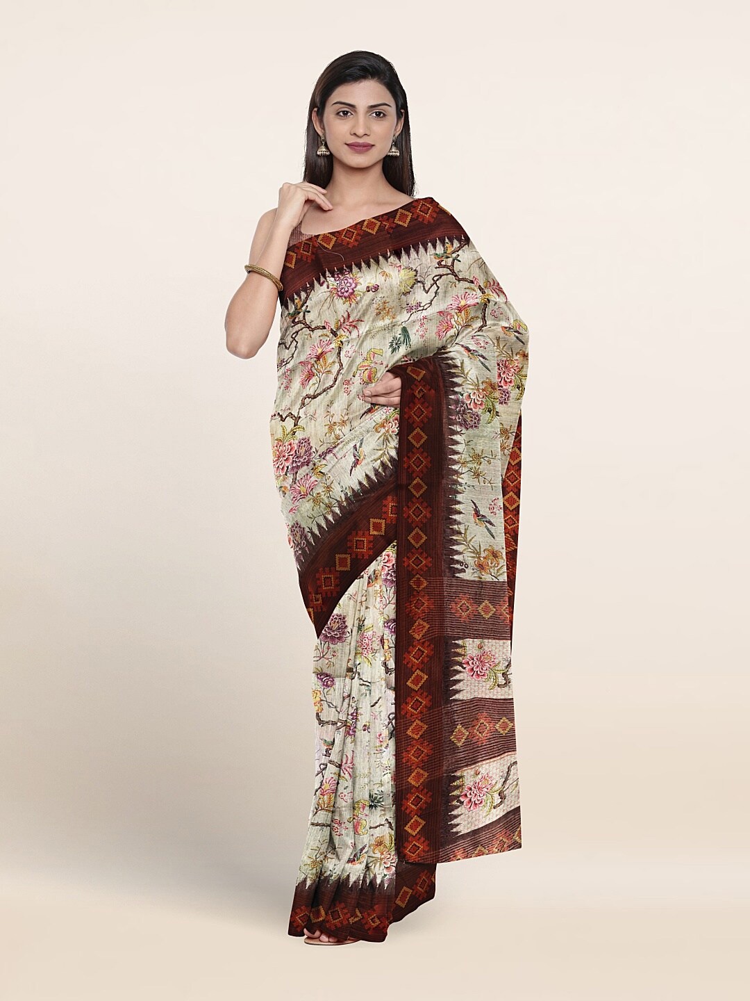 

Pothys Floral Printed Jute Silk Saree, Cream