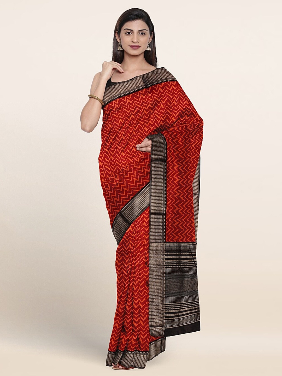 

Pothys Striped Printed Zari Pure Cotton Saree, Red