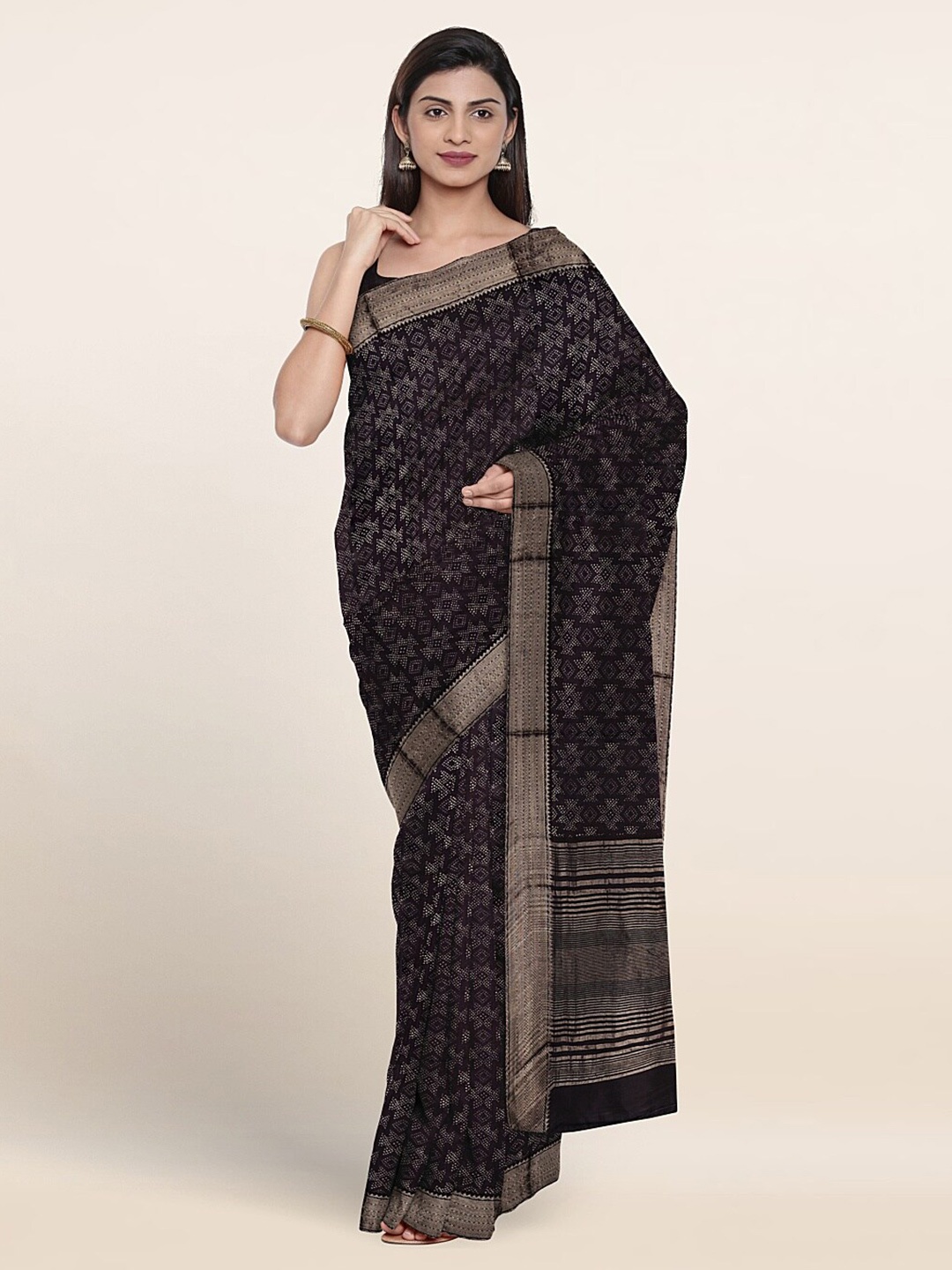 

Pothys Ethnic Motifs Printed Woven Design Zari Pure Cotton Saree, Black