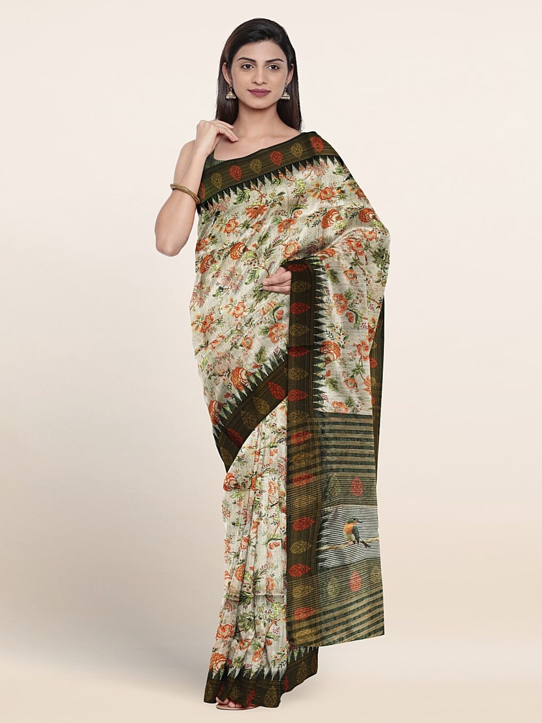 

Pothys Floral Printed Jute Silk Saree, Cream