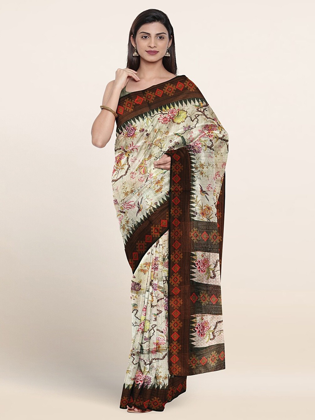 

Pothys Floral Printed Jute Silk Saree, Cream