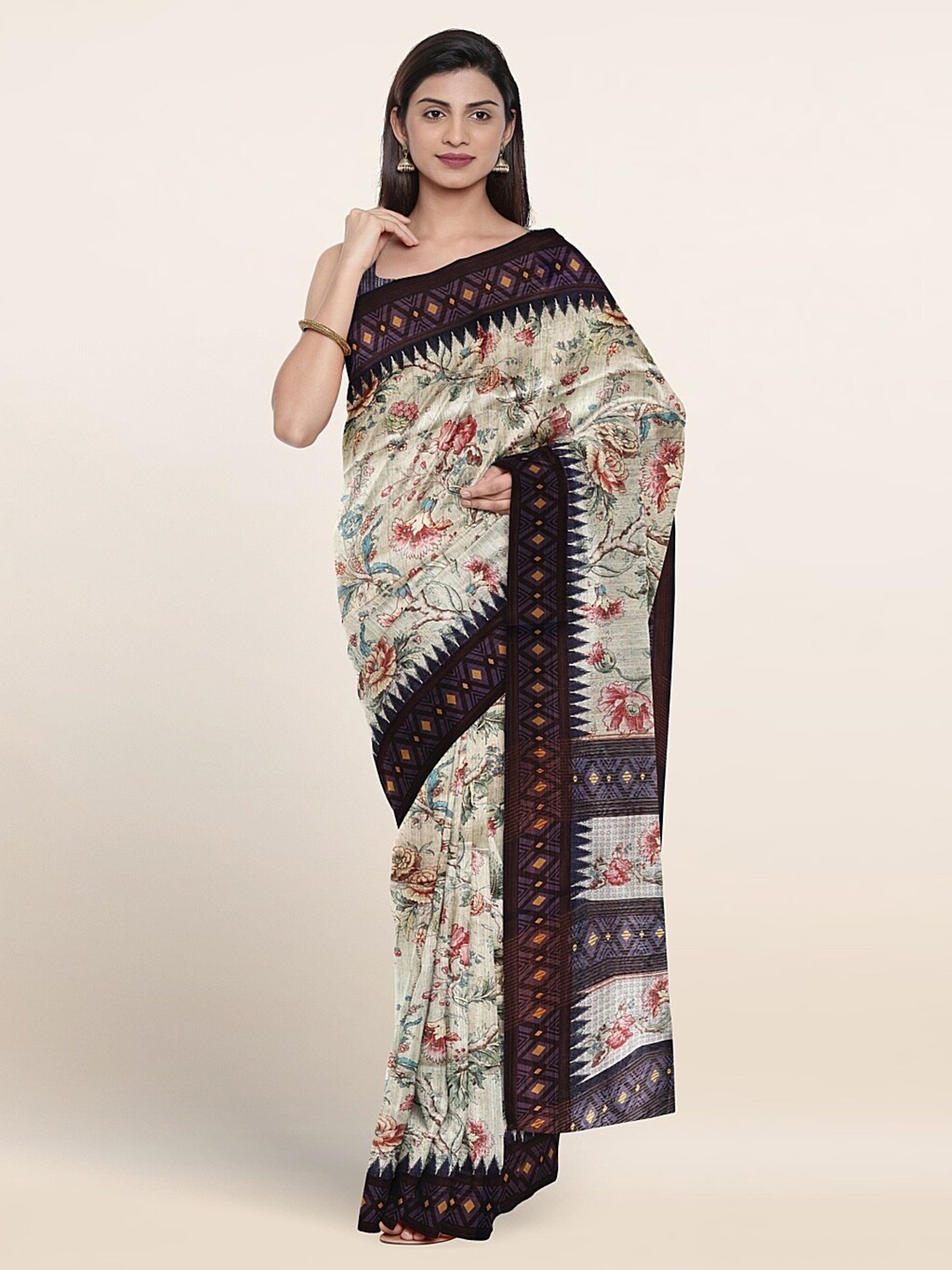 

Pothys Floral Printed Jute Silk Saree, Cream