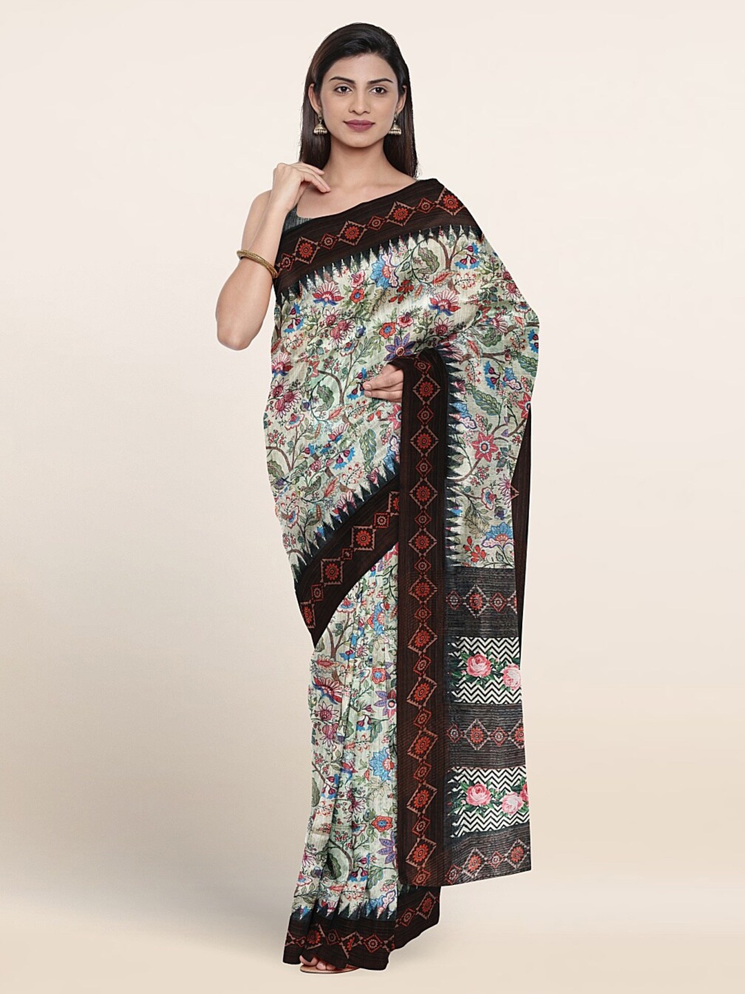 

Pothys Floral Printed Jute Silk Saree, White