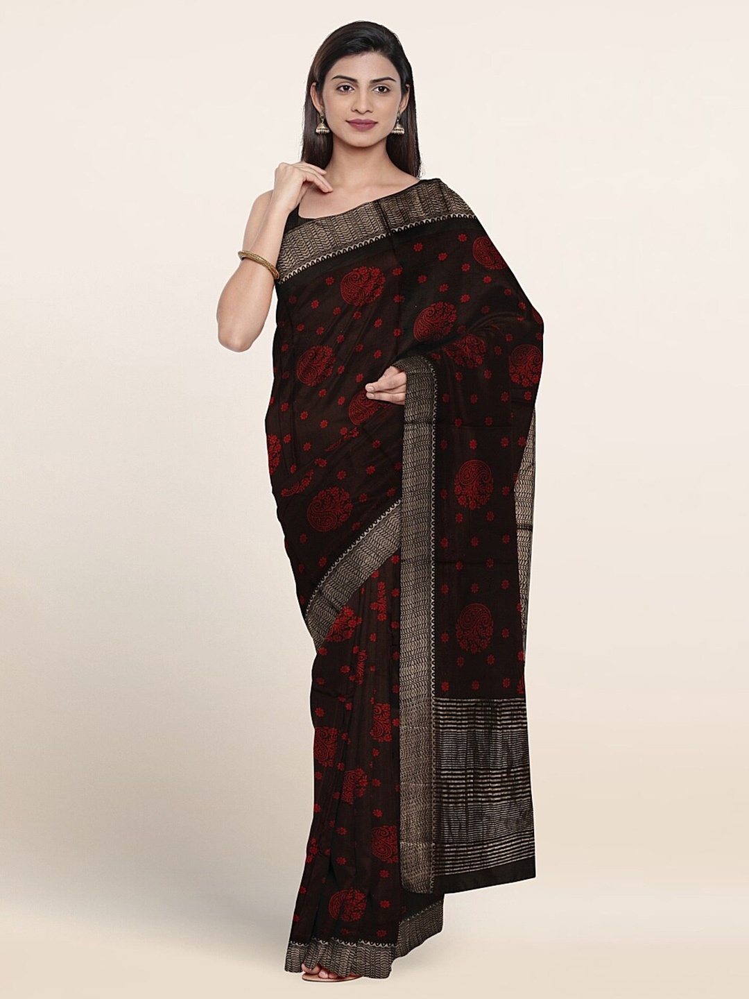 

Pothys Paisley Printed Zari Pure Cotton Saree, Brown