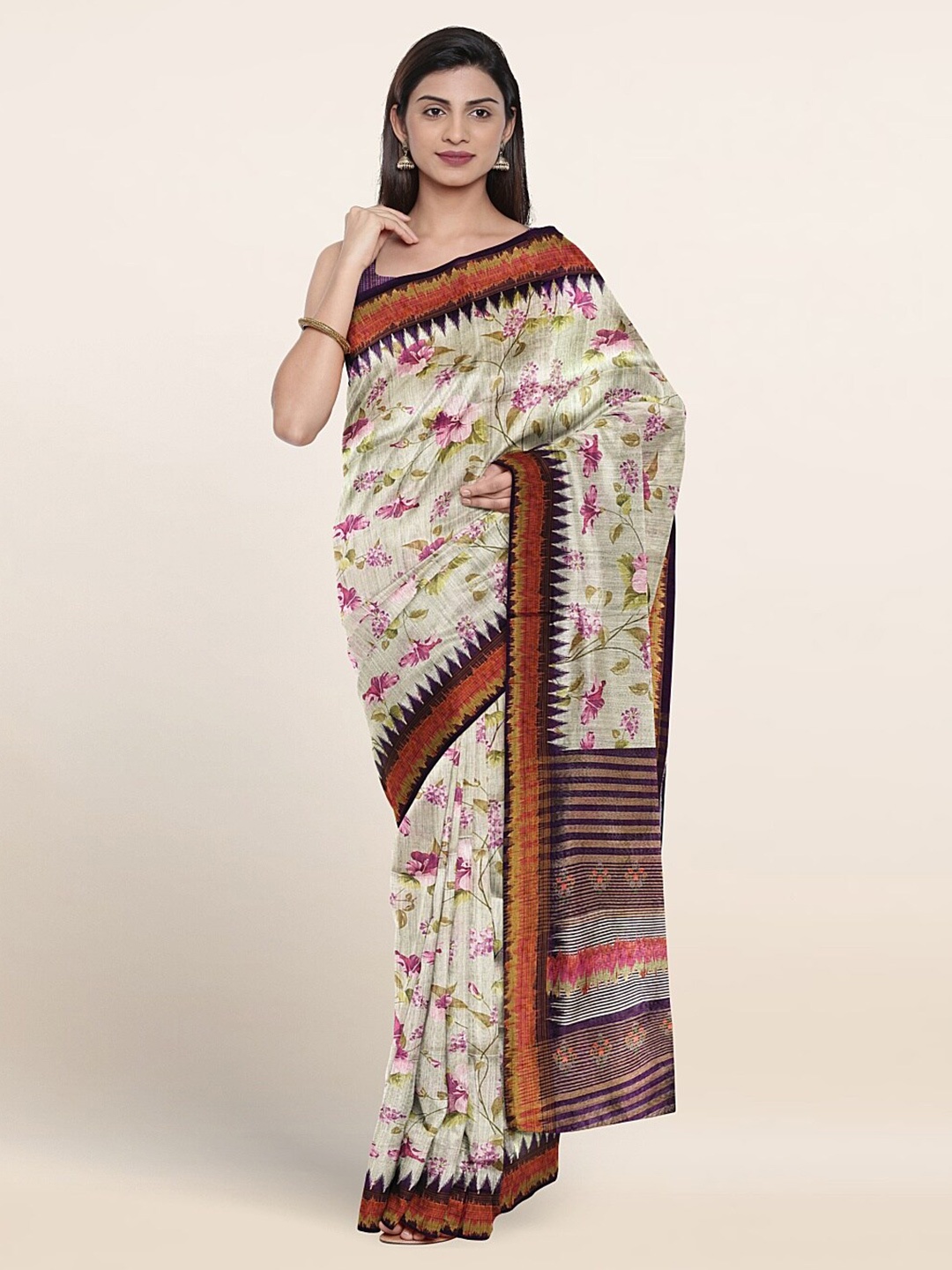 

Pothys Floral Printed Jute Silk Saree, Cream