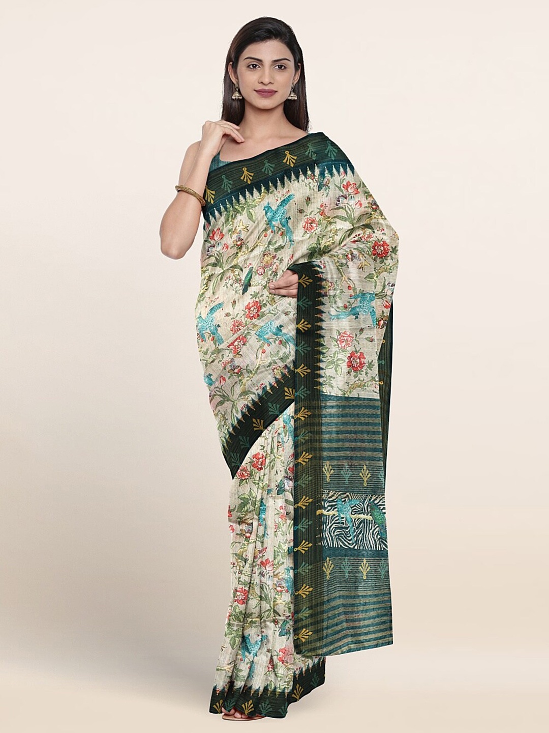 

Pothys Floral Printed Jute Silk Saree, Off white