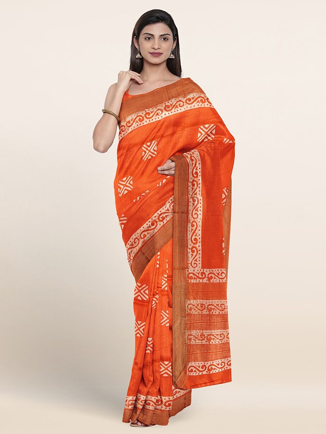 

Pothys Geometric Printed Zari Pure Cotton Saree, Orange