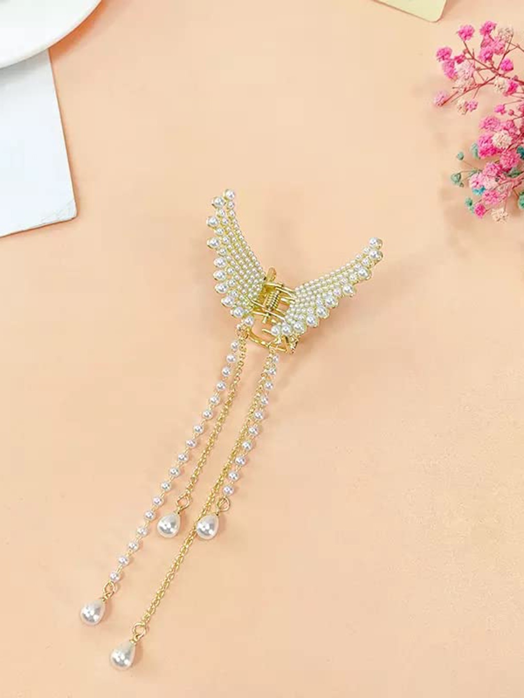 

Chronex Gold-Toned & White Embellished Butterfly Claw Clip