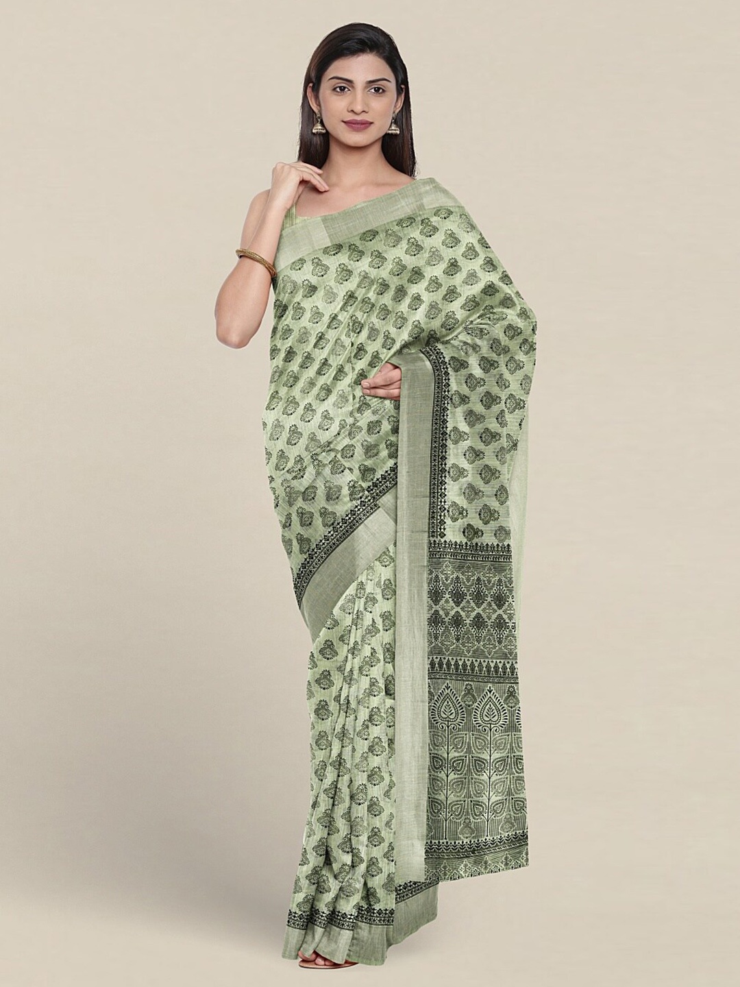 

Pothys Ethnic Motifs Printed Zari Pure Cotton Saree, Green