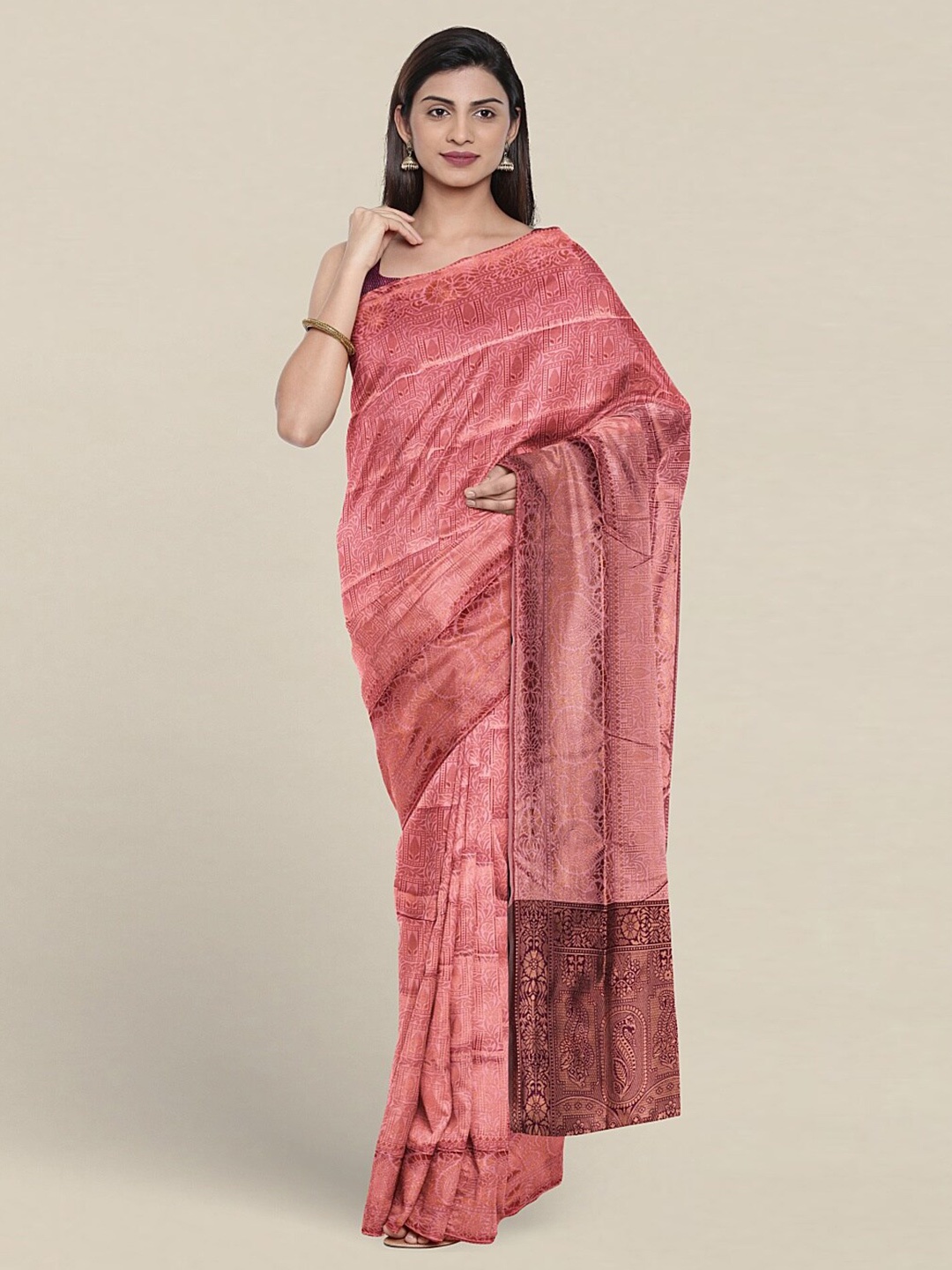 

Pothys Ethnic Motifs Woven Design Zari Jute Silk Saree, Peach