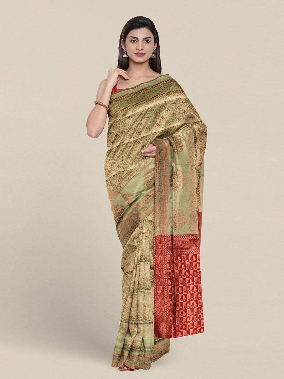 

Pothys Ethnic Motifs Woven Design Zari Jute Silk Saree, Green