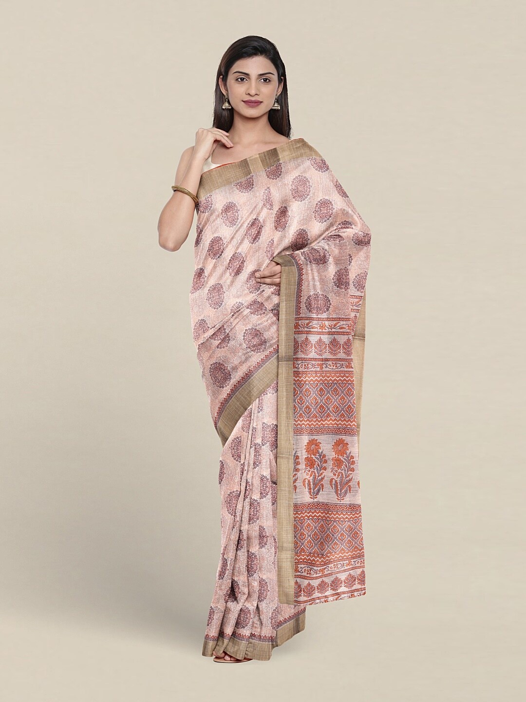 

Pothys Floral Printed Zari Pure Cotton Saree, Peach