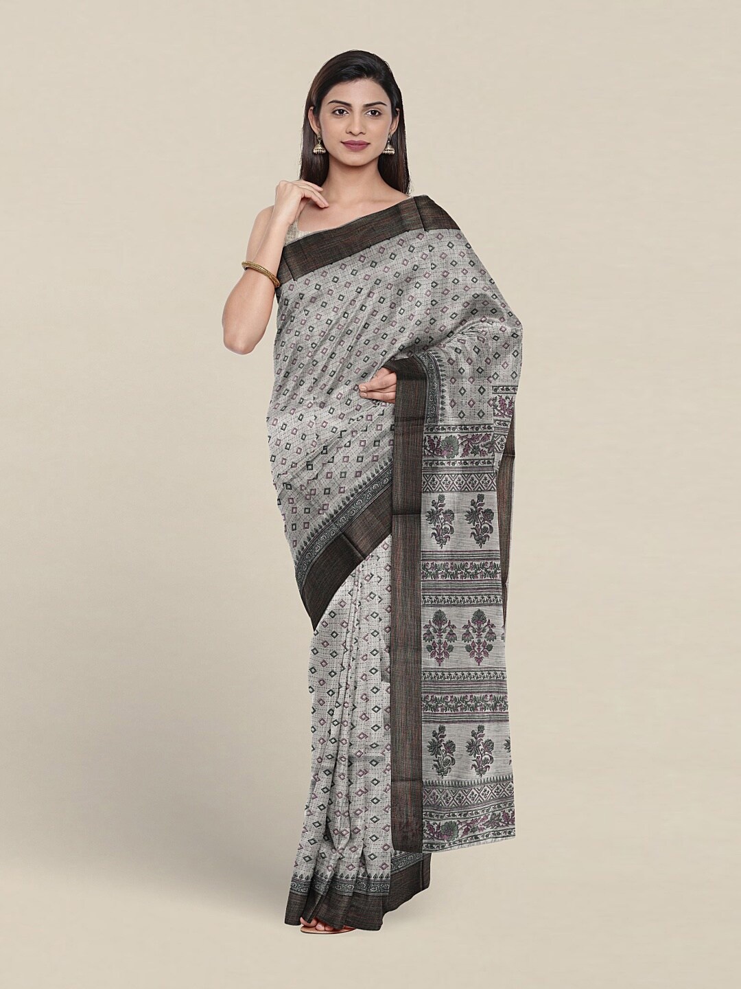 

Pothys Geometric Printed Zari Pure Cotton Saree, Grey