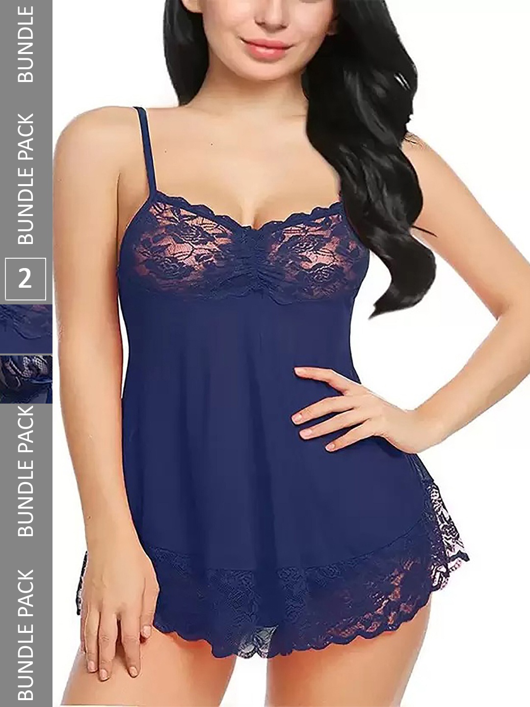

AROUSY Set Of 2 V-Neck Satin Net Baby Dolls, Navy blue