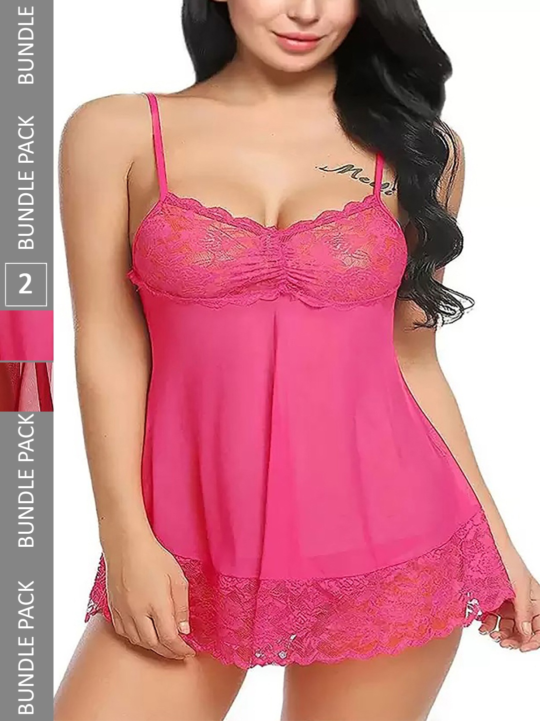 

AROUSY Pack Of 2 Self Deisgn Halter Neck Net Baby Dolls, Maroon