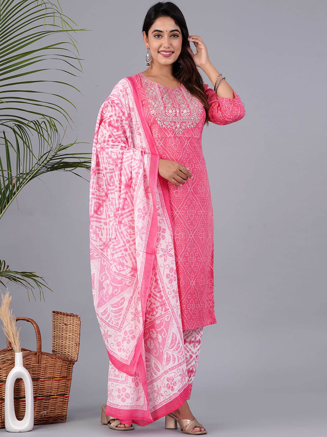 

PARCHHAI Embroidered Bandhani Pure Cotton Kurta With Trousers & Dupatta, Pink