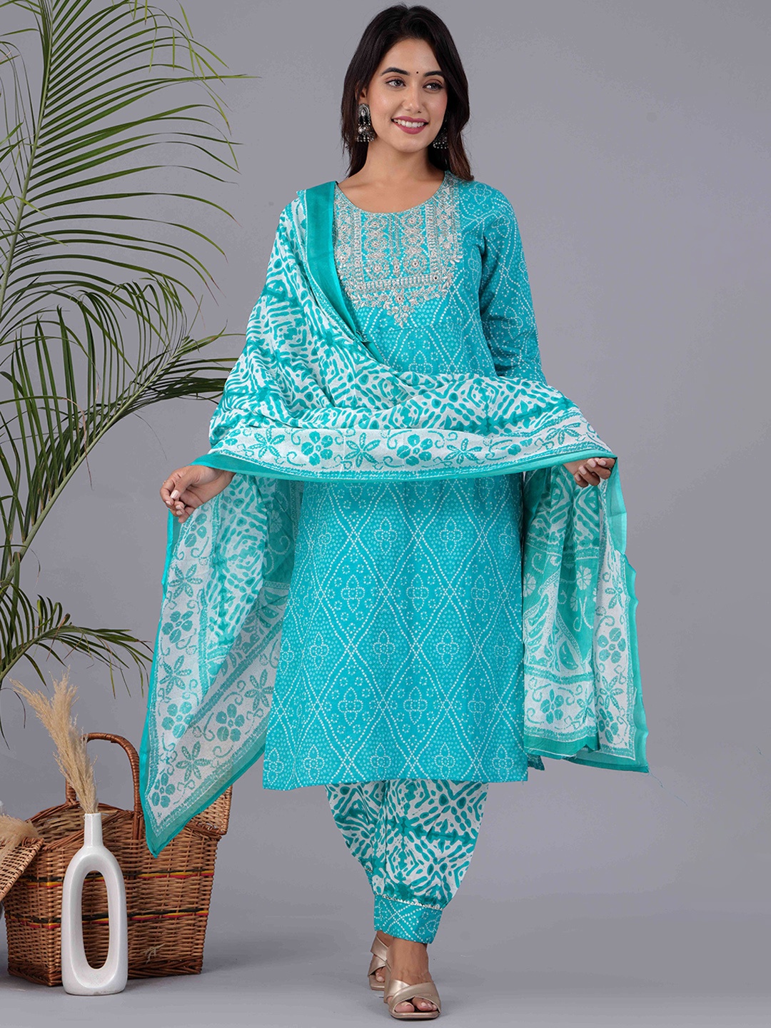 

PARCHHAI Embroidered Bandhani Pure Cotton Kurta With Trousers & Dupatta, Blue