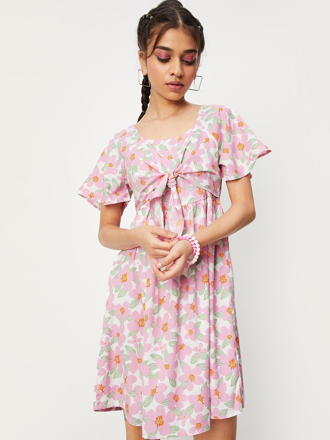 

max Girls Floral Printed Flared Sleeve Tie-ups Fit & Flare Dress, Pink