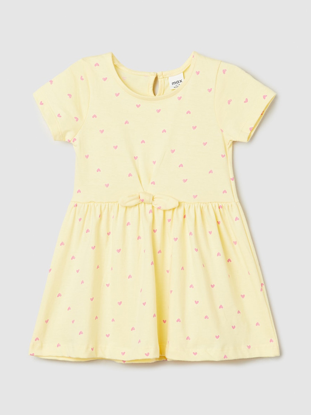 

max Infants Girls Conversational Printed Round Neck Pure Cotton A-Line Dress, Yellow