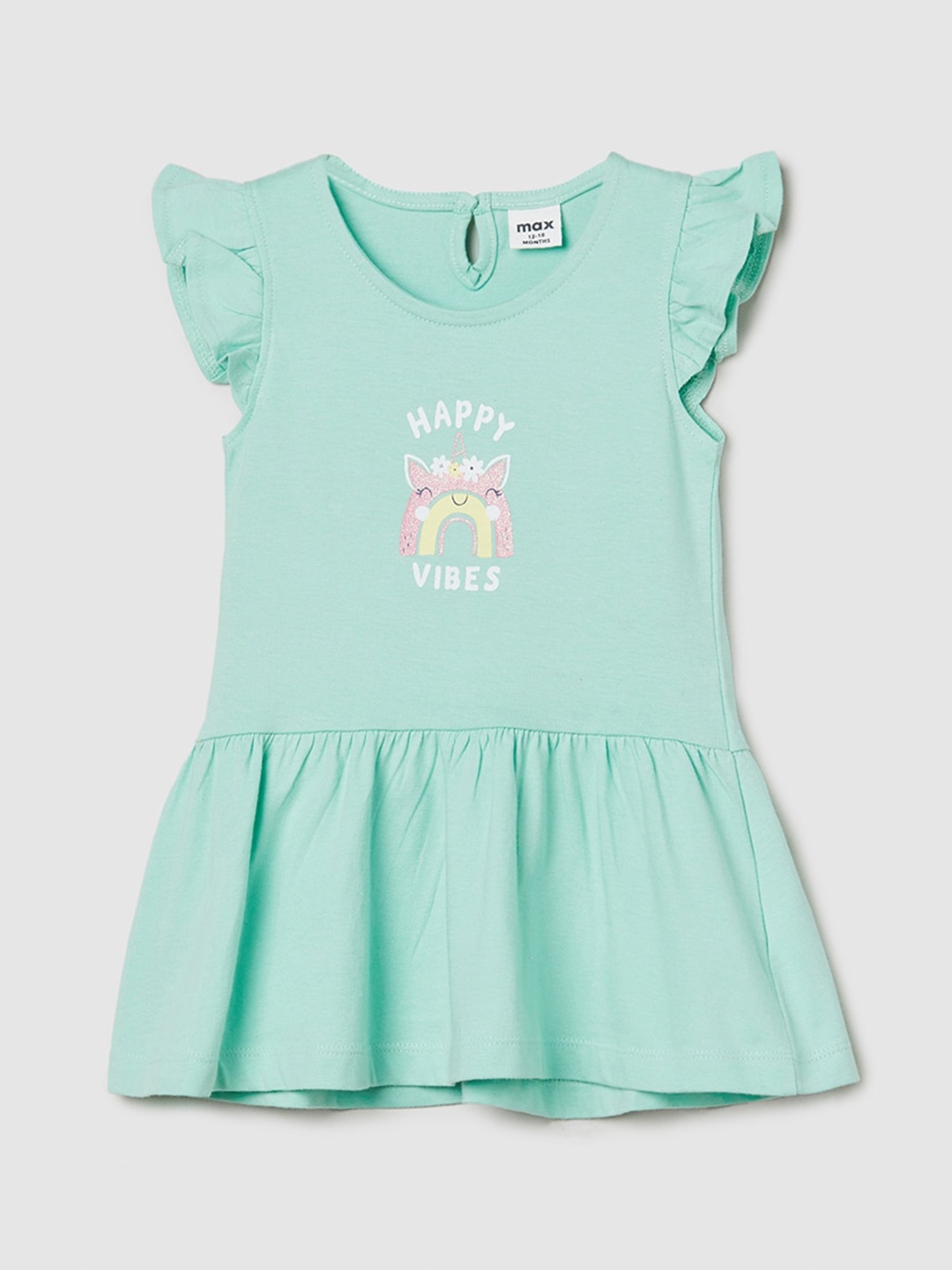 

max Infants Graphic Printed Flutter Sleeve Pure Cotton A-Line Dress, Green