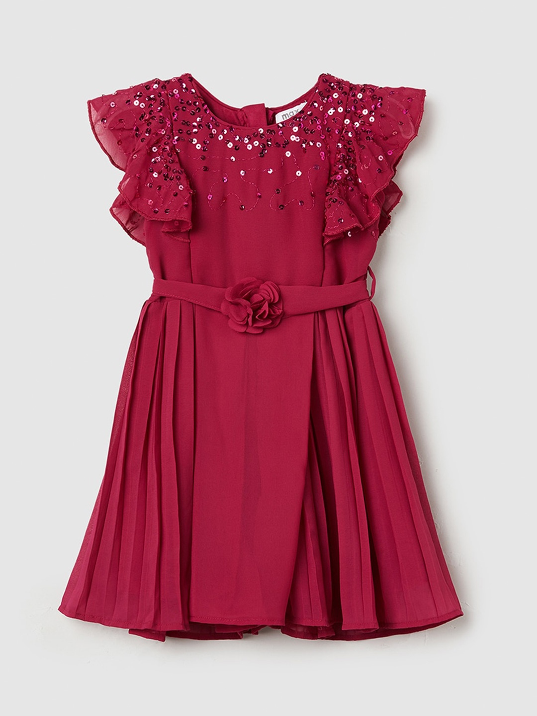 

max Infants Girls Embellished Flutter Sleeve Sequinned Fit & Flare Dress, Burgundy