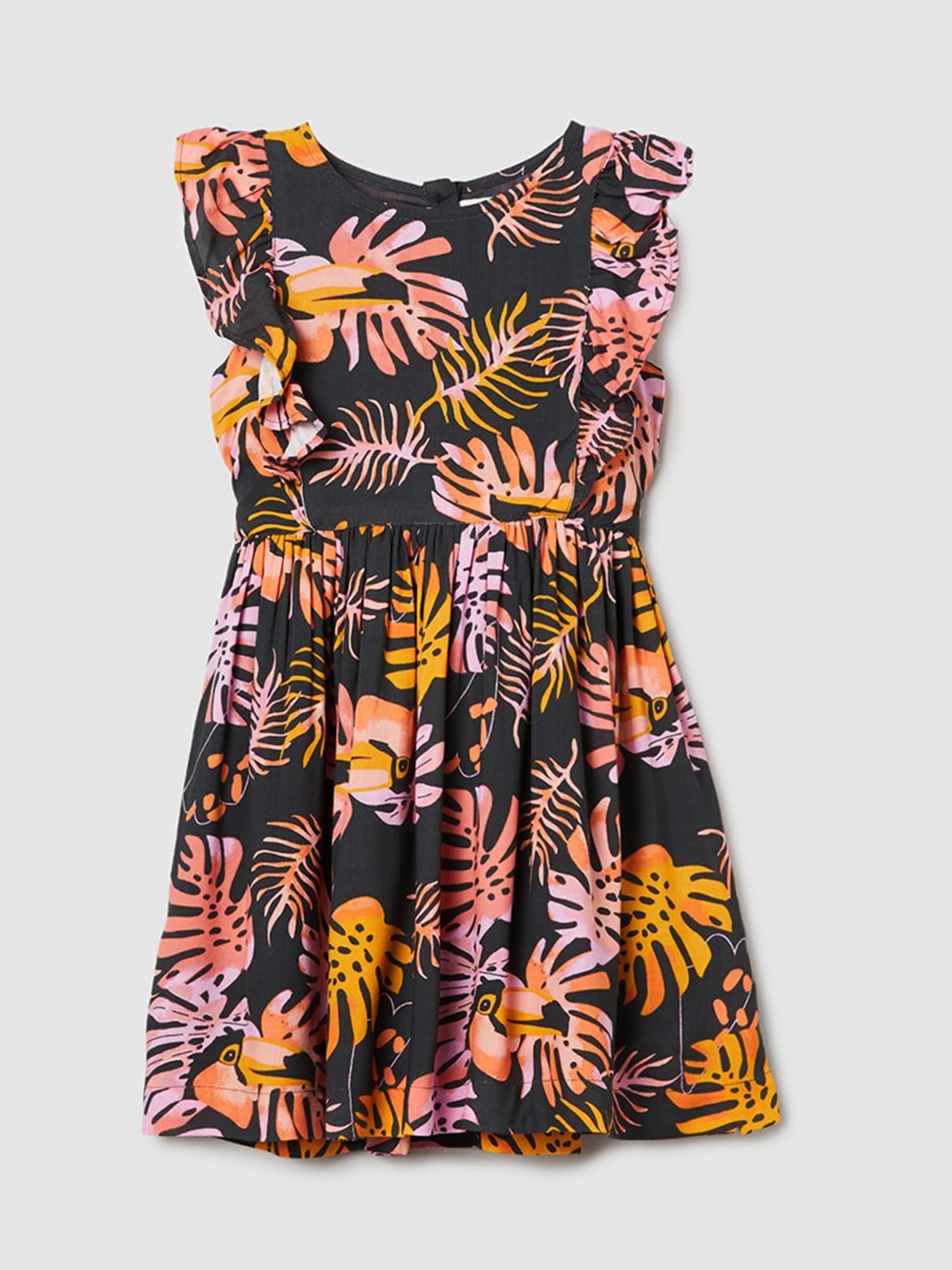 

max Girls Tropical Printed Flutter Sleeve A-Line Dress, Grey