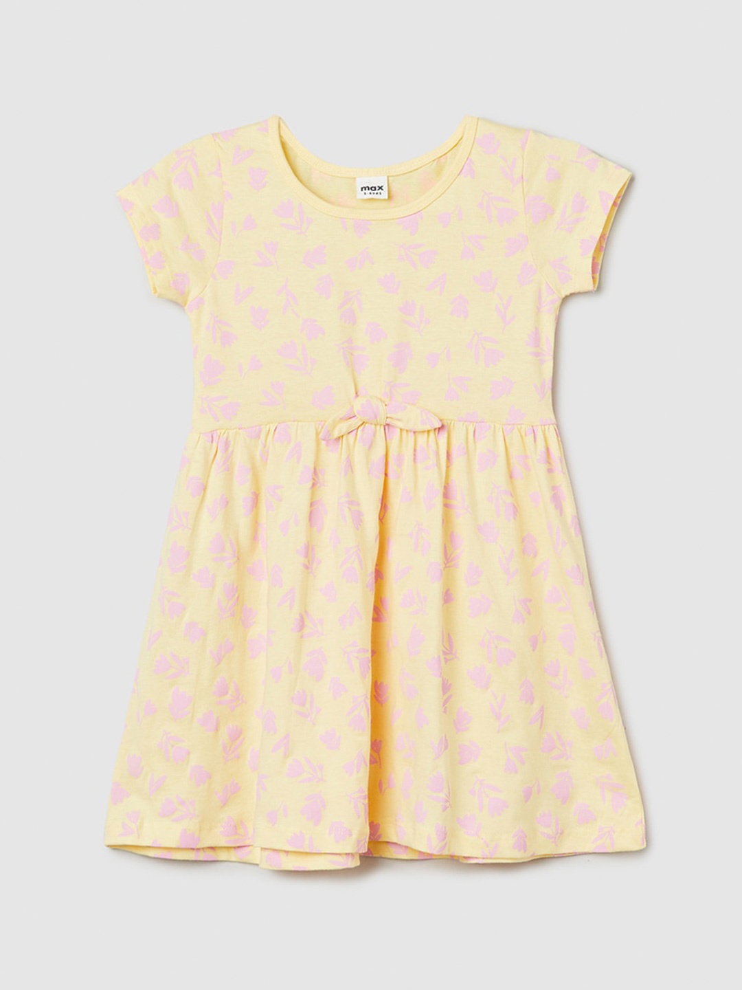 

max Girls Floral Printed Round Neck Pure Cotton A-Line Dress, Yellow