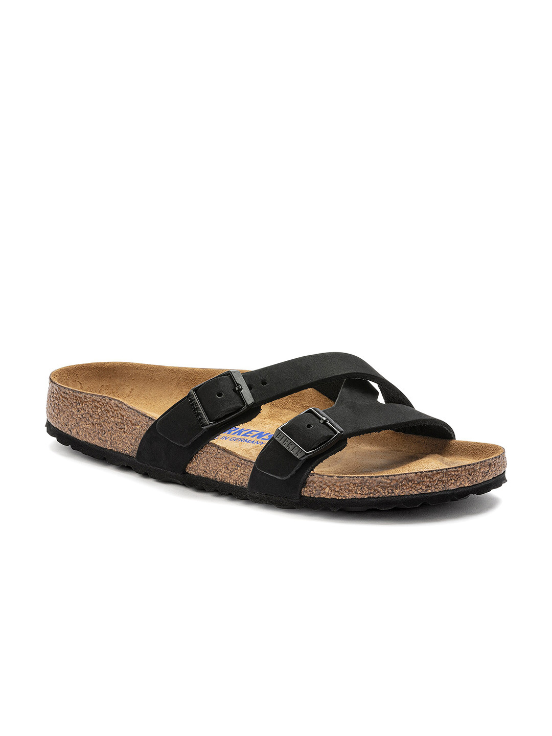 

Birkenstock Yao Balance Narrow Width Nubuck Leather Two-Strap Open Toe Flats, Black