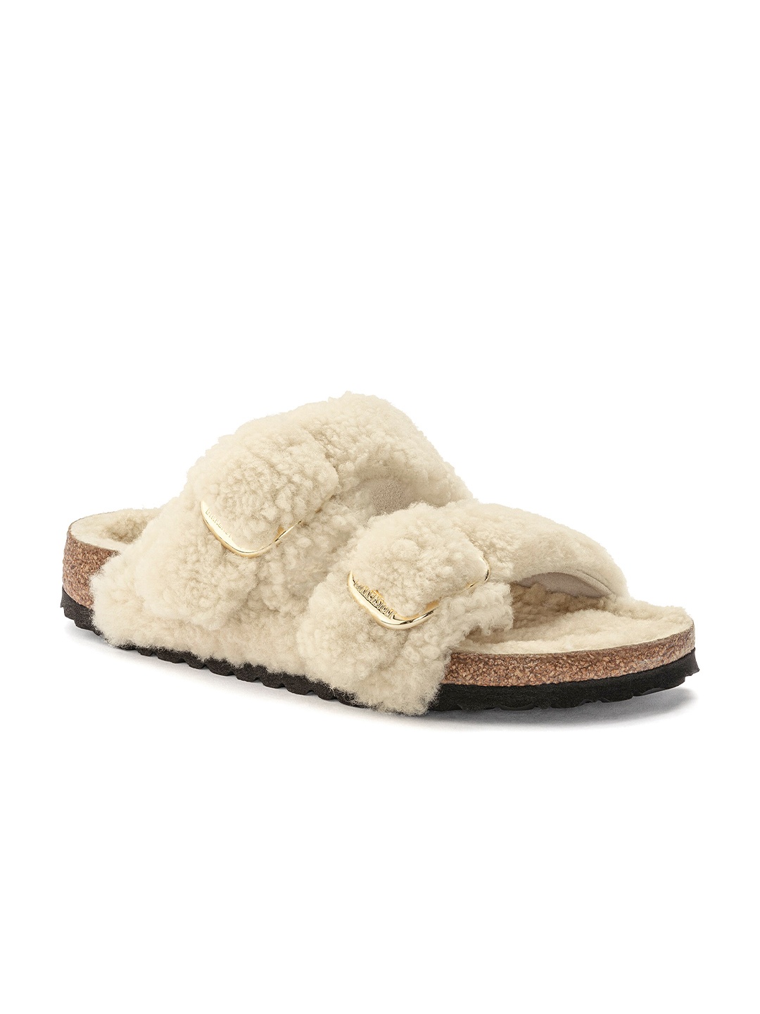 

Birkenstock Arizona Buckle Teddy Rivet Logo Os Eggshell Narrow Width Fur Two-Strap Sandals, White