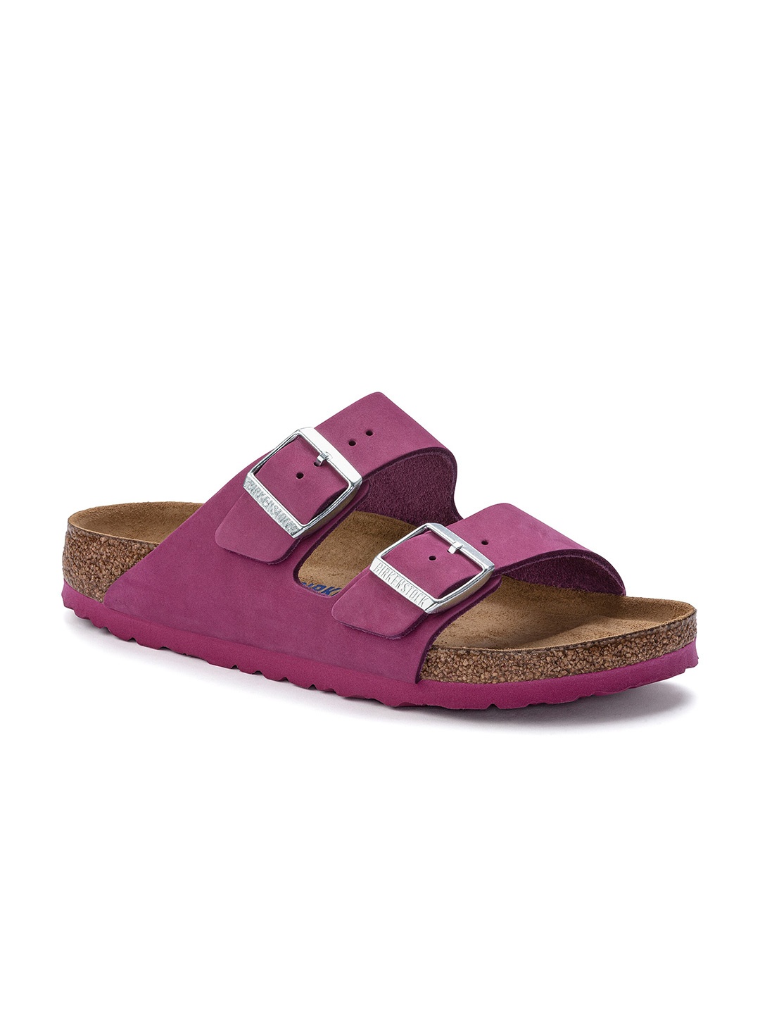 

Birkenstock Arizona Soft Footbed Narrow Width Nubuck Leather Two-Strap Open Toe Flats, Fuchsia