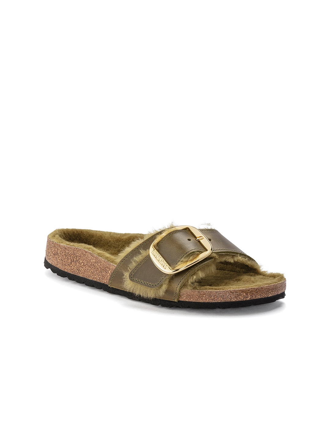 

Birkenstock Madrid Big Buckle Shearling Olive Narrow Width Oiled Leather One-Strap Sandals