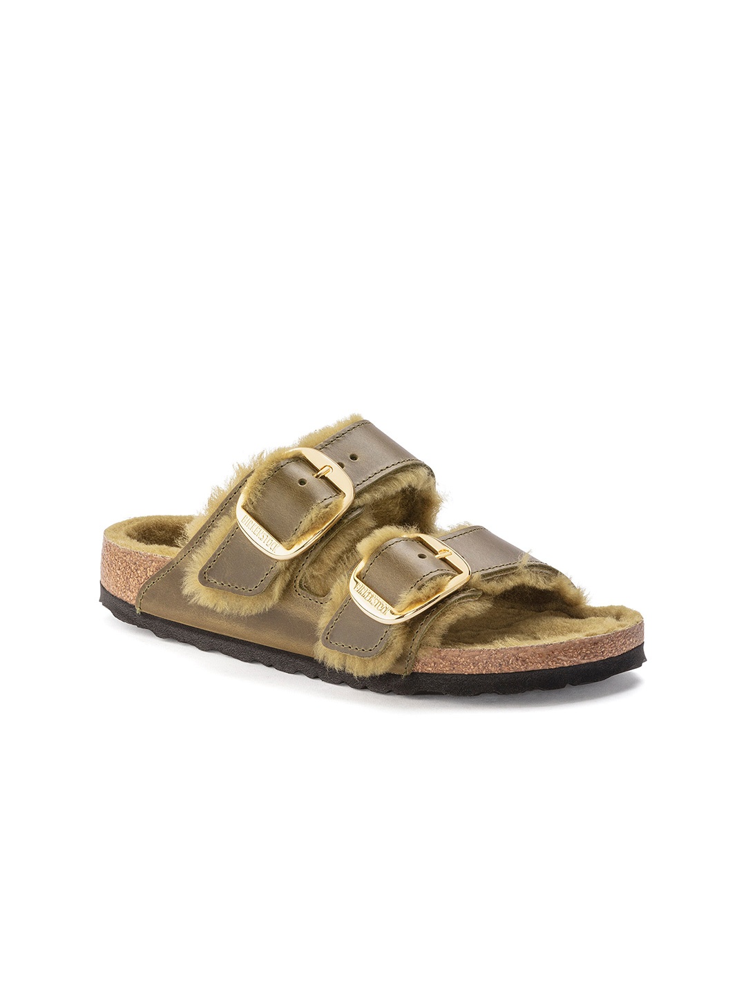 

Birkenstock Arizona Buckle Shearling Olive Narrow Width Oiled Leather Two-Strap Sandals