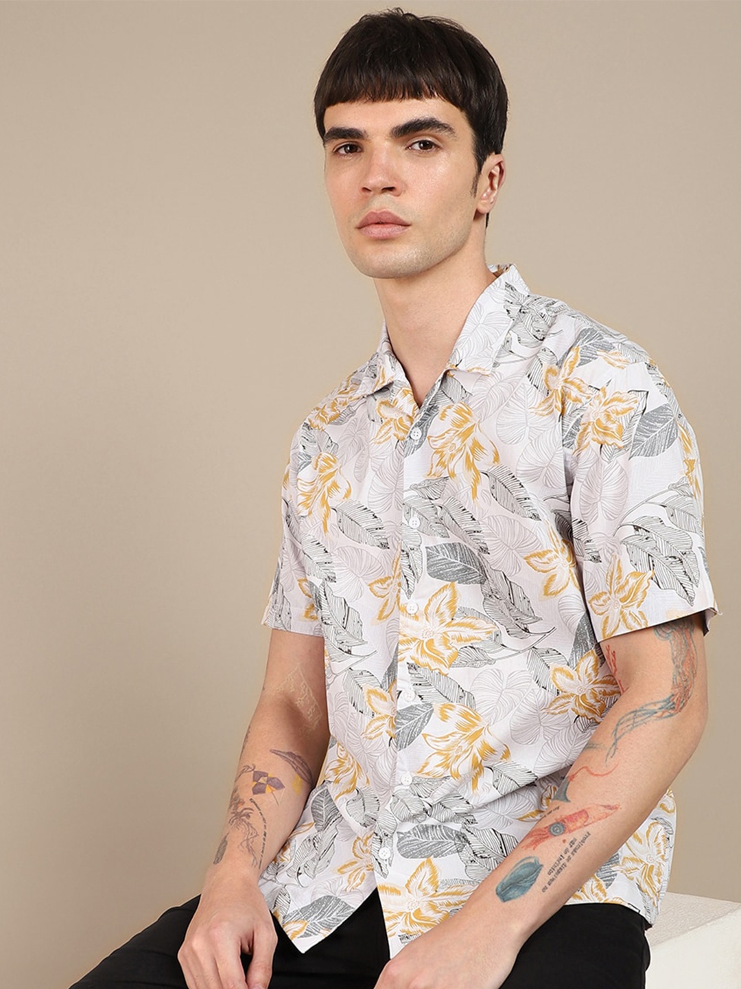 

Dennis Lingo Slim Fit Floral Printed Opaque Cotton Casual Shirt, White