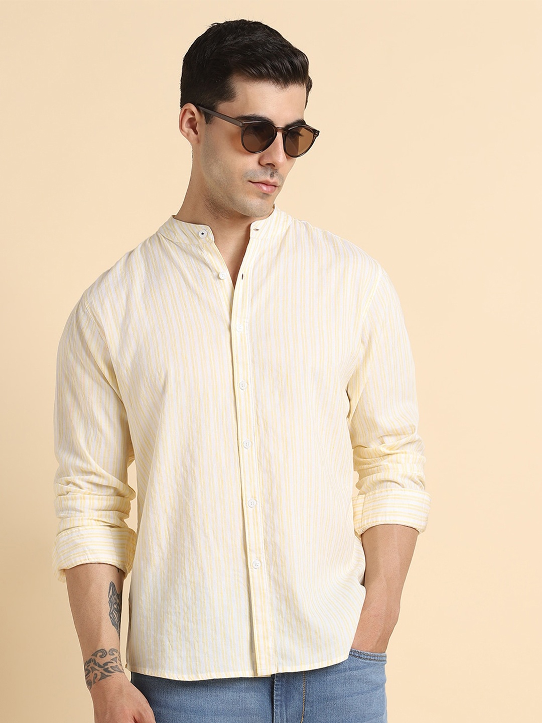 

Dennis Lingo Slim Fit Vertical Stripes Opaque Cotton Casual Shirt, Yellow