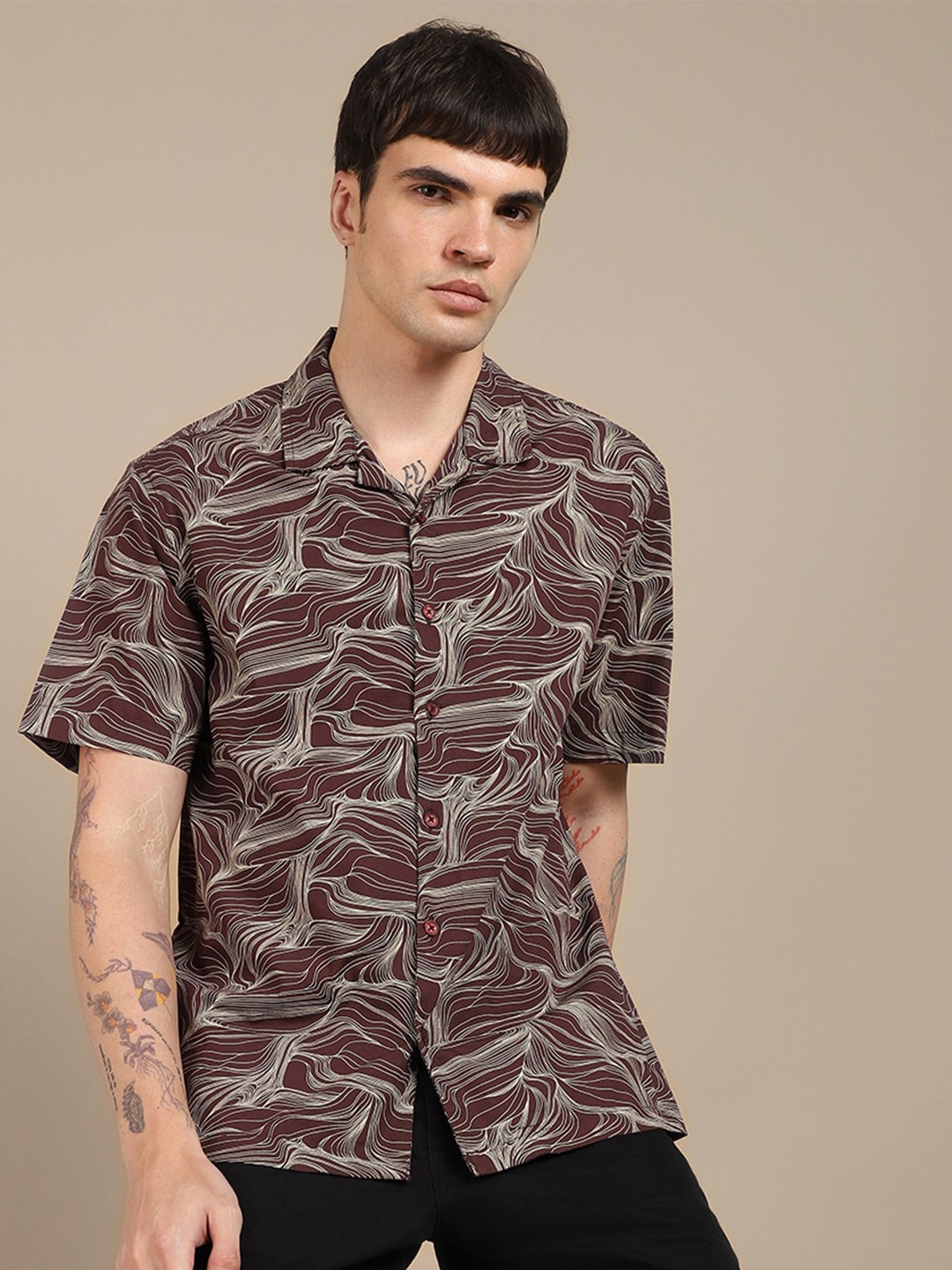 

Dennis Lingo Slim Fit Abstract Printed Opaque Cotton Casual Shirt, Maroon