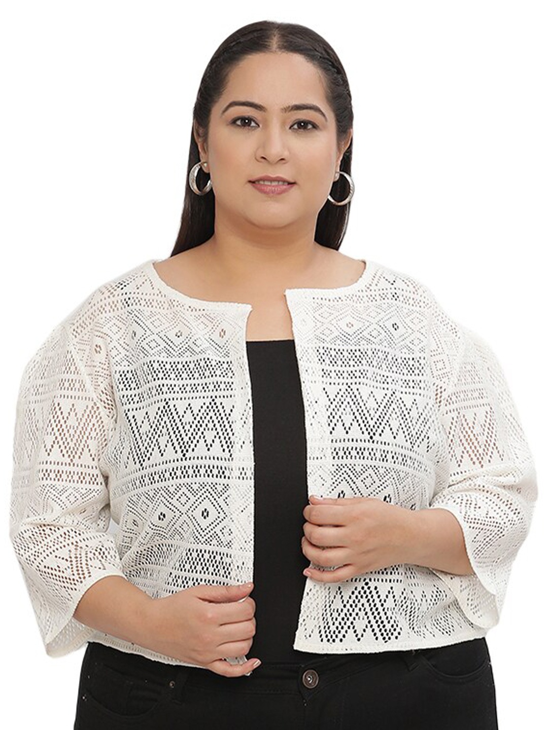 

UnaOne Self Design Cotton Lace Open Front Shrug, Off white