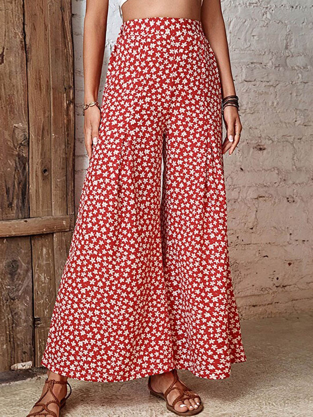 

StyleCast Women Floral Printed Flared High-Rise Trousers, Red