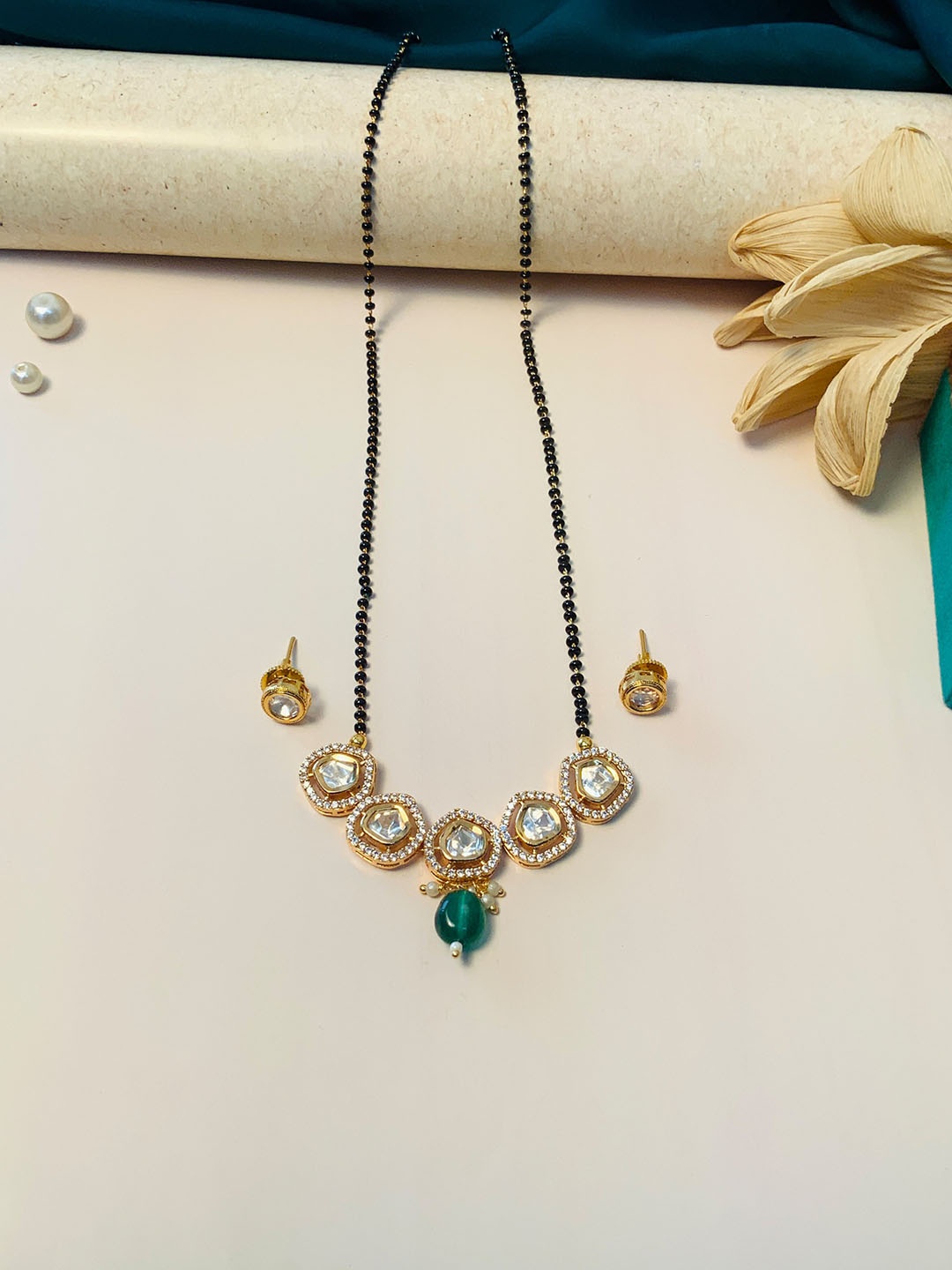 

ABDESIGNS Gold-Plated Kundan-Studded & Beaded Mangalsutra With Earrings